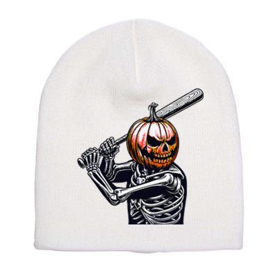 Pumpkin Skeleton Playing Baseball Player Halloween Short Acrylic Beanie