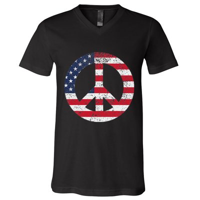 Peace Sign Patriotic Usa Flag Peace & Love V-Neck T-Shirt