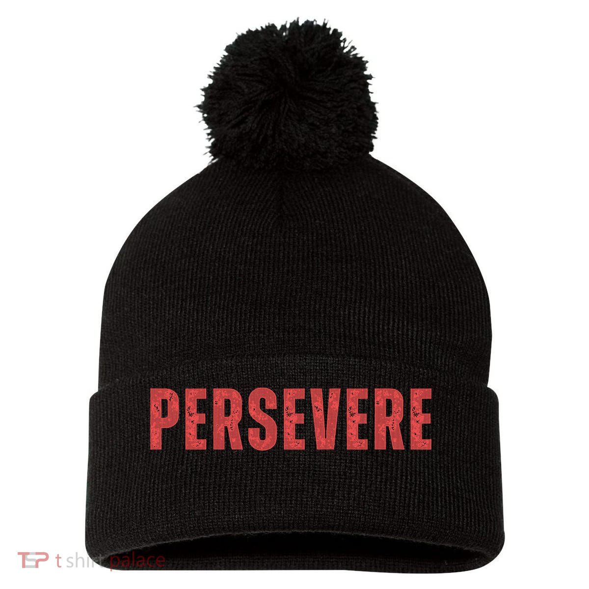 Persevere Script Pom Pom 12in Knit Beanie