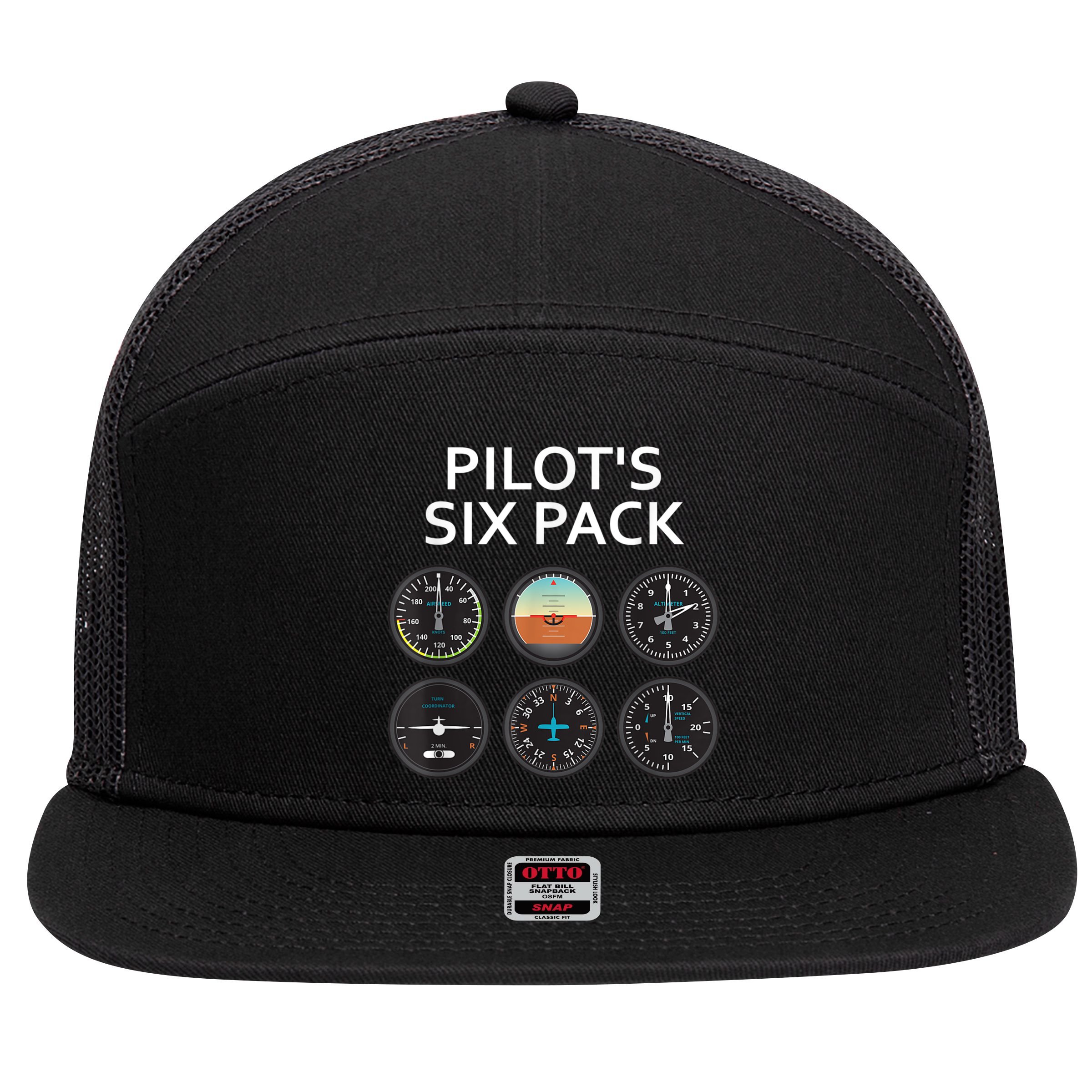 Pilot's Six Pack Funny Aviation 7 Panel Mesh Trucker Snapback Hat