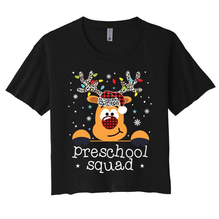 Preschool Squad Plaid Reindeer Santa Hat Teacher Christmas Women's Crop Top Tee