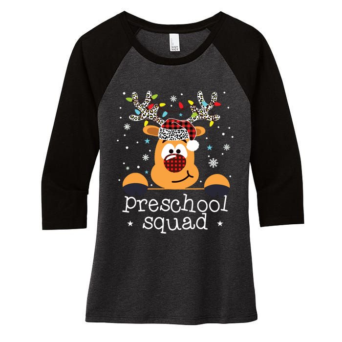 Preschool Squad Plaid Reindeer Santa Hat Teacher Christmas Women's Tri-Blend 3/4-Sleeve Raglan Shirt