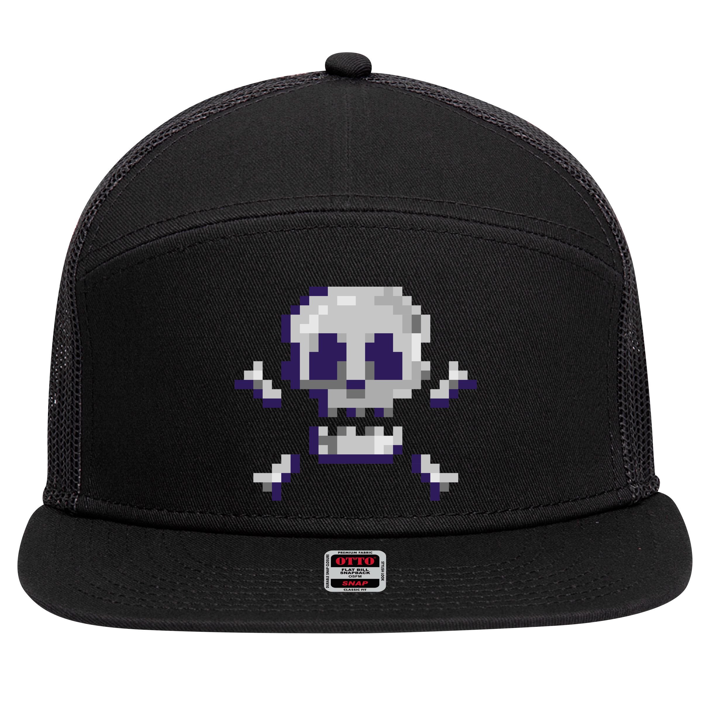 Pixelated Skull 7 Panel Mesh Trucker Snapback Hat