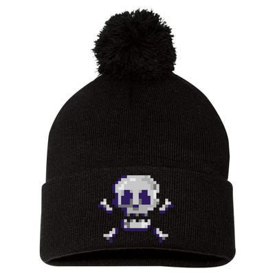 Pixelated Skull Pom Pom 12in Knit Beanie