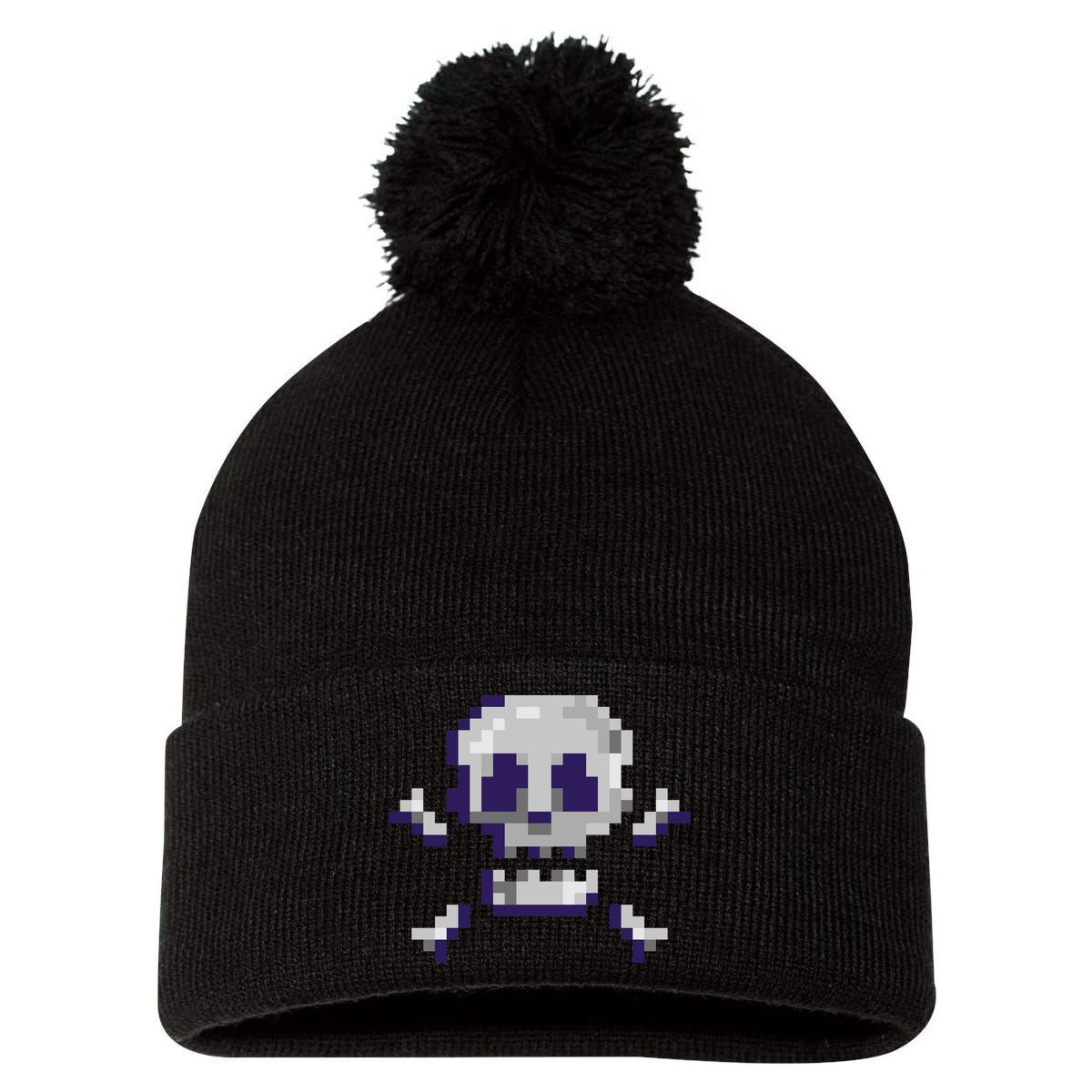 Pixelated Skull Pom Pom 12in Knit Beanie
