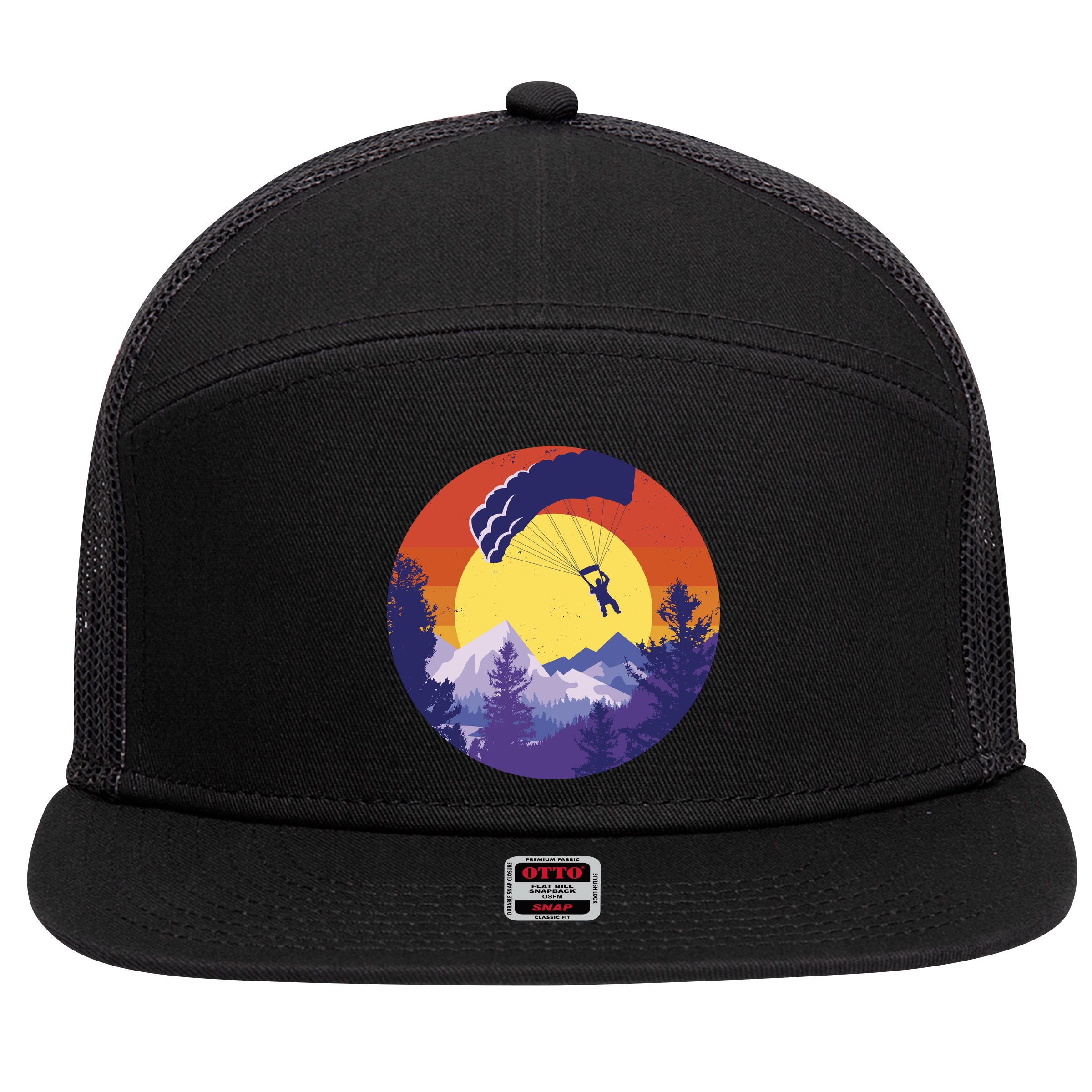 Parachute Skydiving Retro Sunset 7 Panel Mesh Trucker Snapback Hat
