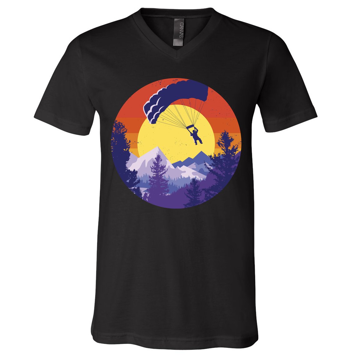 Parachute Skydiving Retro Sunset V-Neck T-Shirt