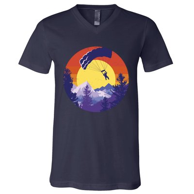 Parachute Skydiving Retro Sunset V-Neck T-Shirt