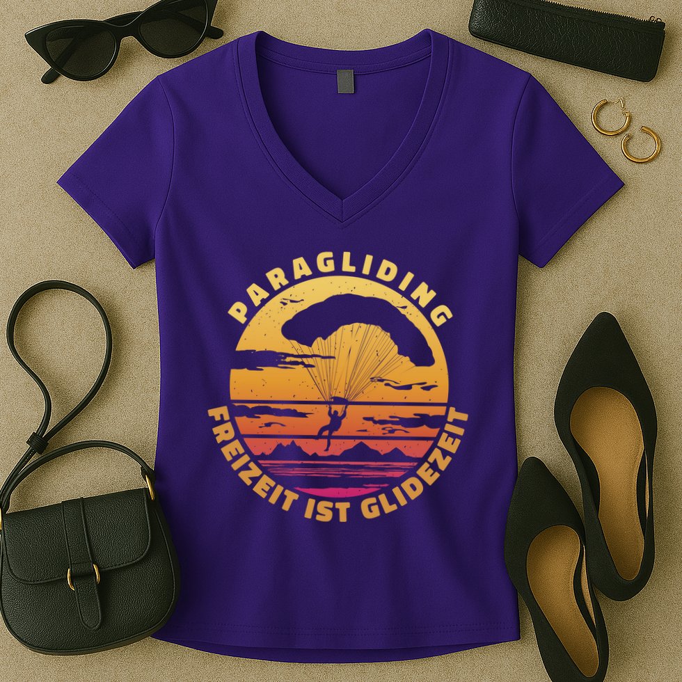 Paraglider Silhouette Retro Sunset Women's V-Neck T-Shirt
