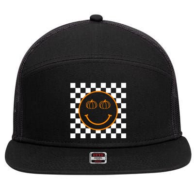 Pumpkin Smiley Retro Checkered 7 Panel Mesh Trucker Snapback Hat