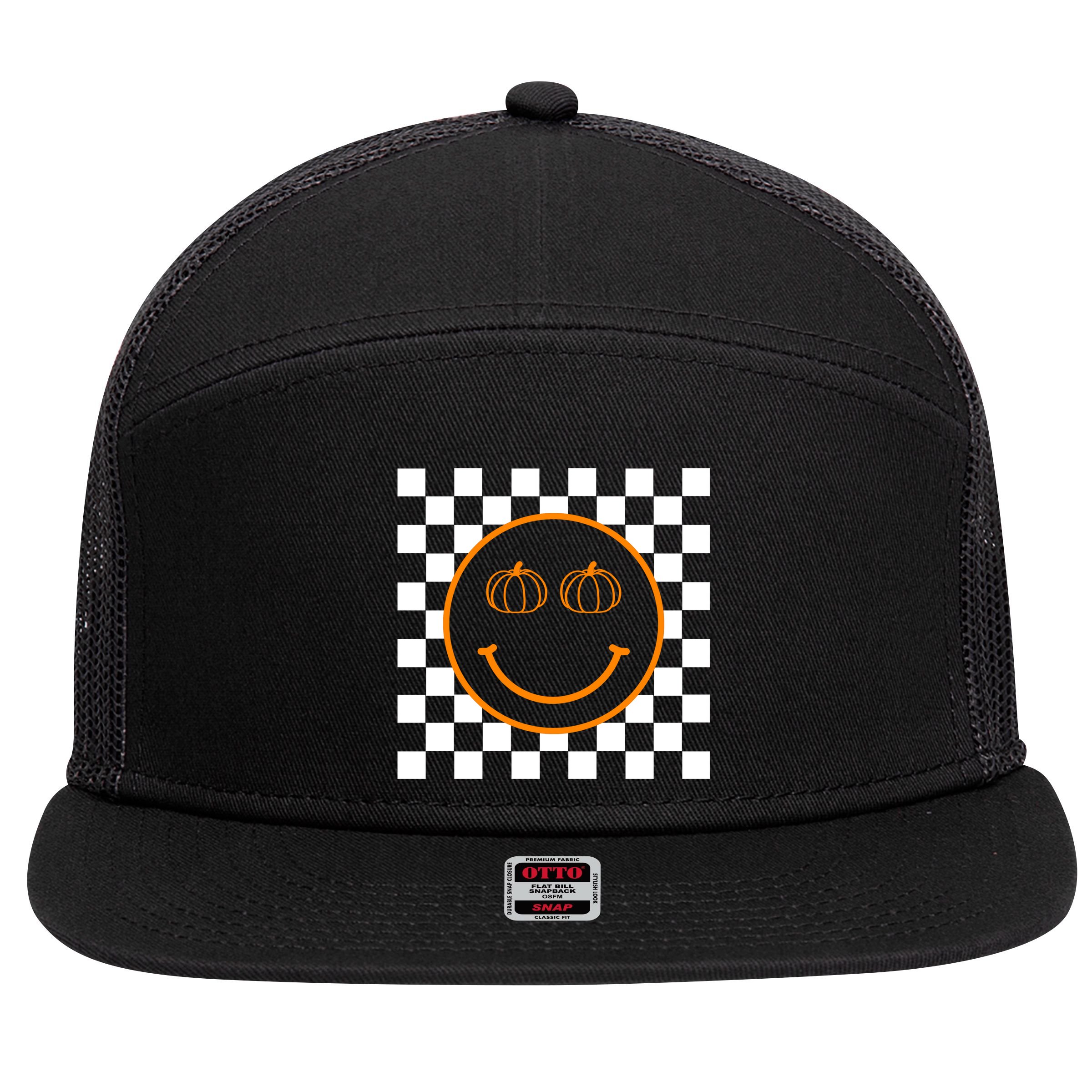 Pumpkin Smiley Retro Checkered 7 Panel Mesh Trucker Snapback Hat