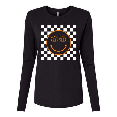 Pumpkin Smiley Retro Checkered Womens Cotton Relaxed Long Sleeve T-Shirt