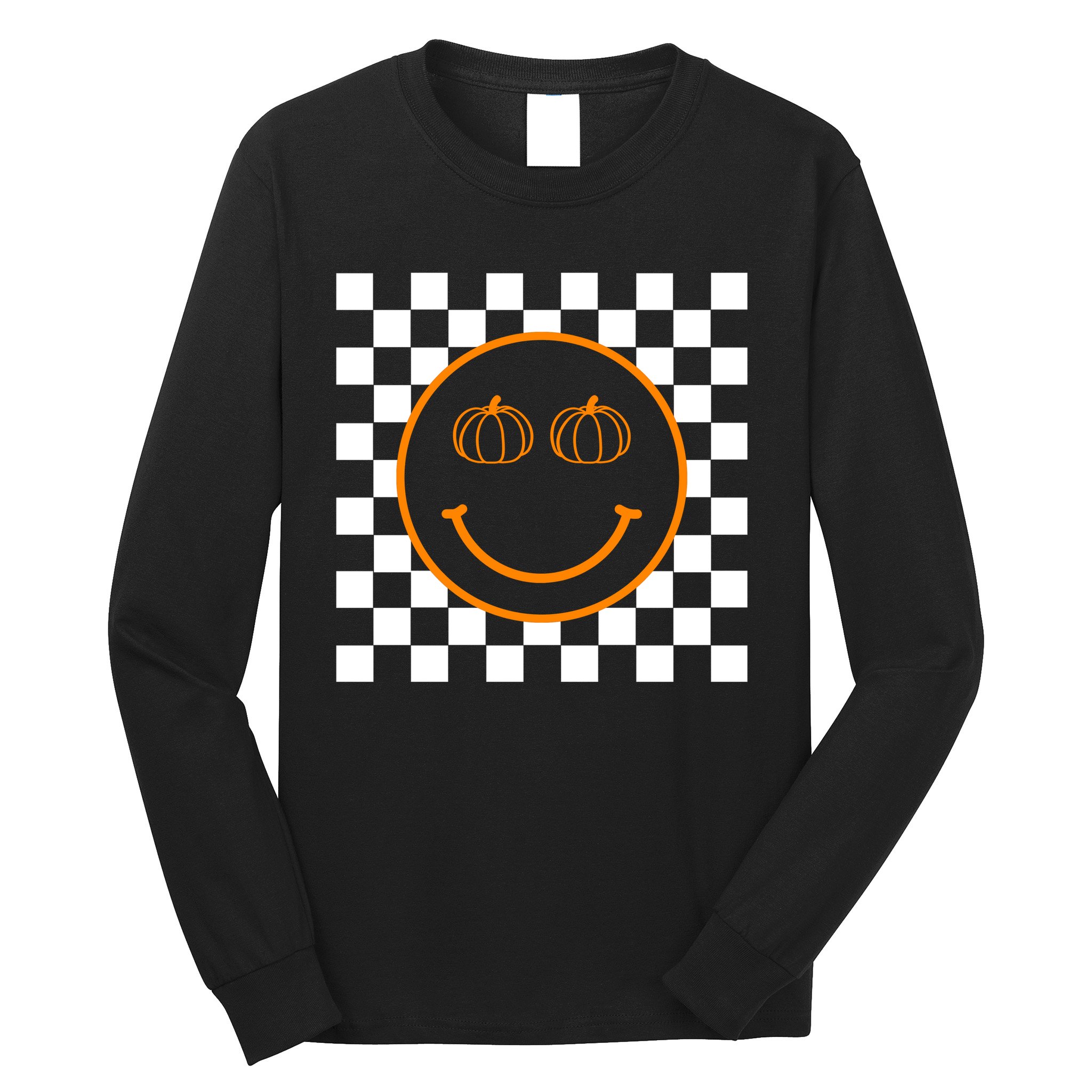 Pumpkin Smiley Retro Checkered Long Sleeve Shirt