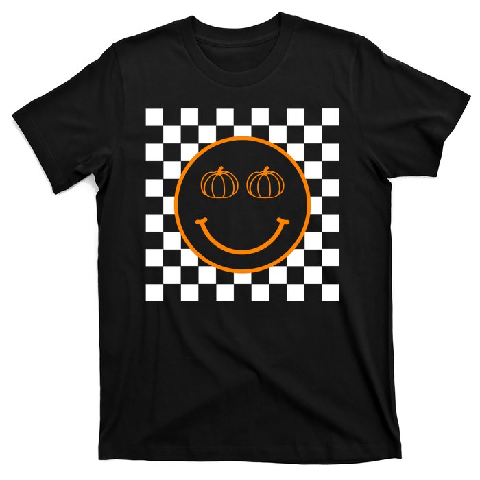 Pumpkin Smiley Retro Checkered T-Shirt