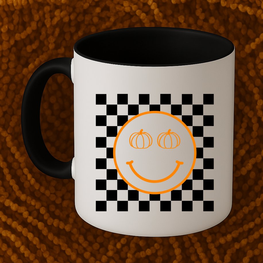 Pumpkin Smiley Retro Checkered Mug