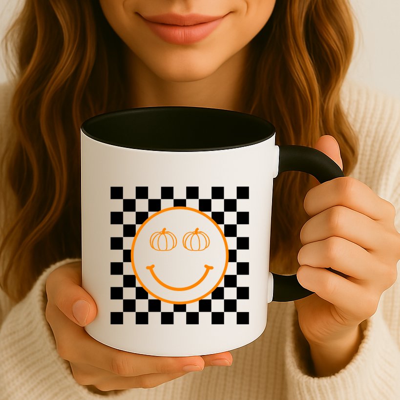 Pumpkin Smiley Retro Checkered Mug