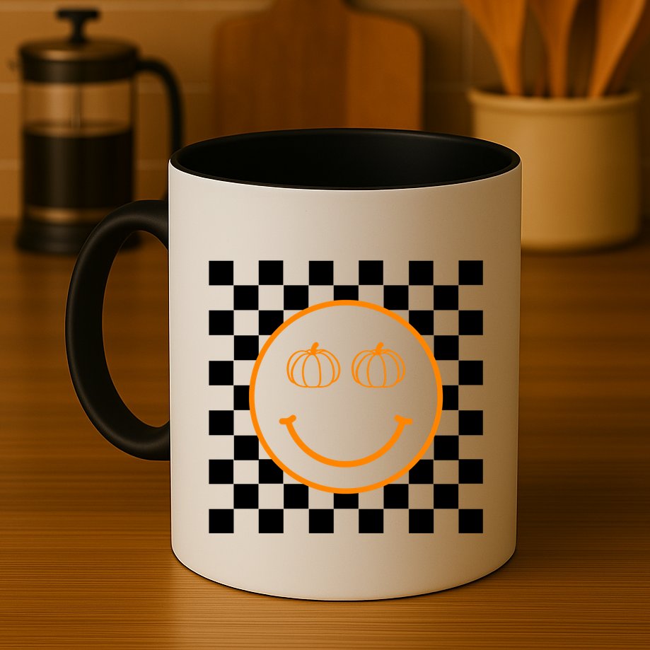 Pumpkin Smiley Retro Checkered Mug