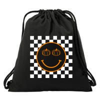 Pumpkin Smiley Retro Checkered Drawstring Bag