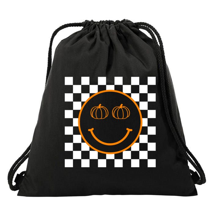 Pumpkin Smiley Retro Checkered Drawstring Bag