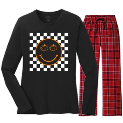 Pumpkin Smiley Retro Checkered Women's Long Sleeve Flannel Pajama Set 