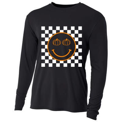 Pumpkin Smiley Retro Checkered Cooling Performance Long Sleeve Crew