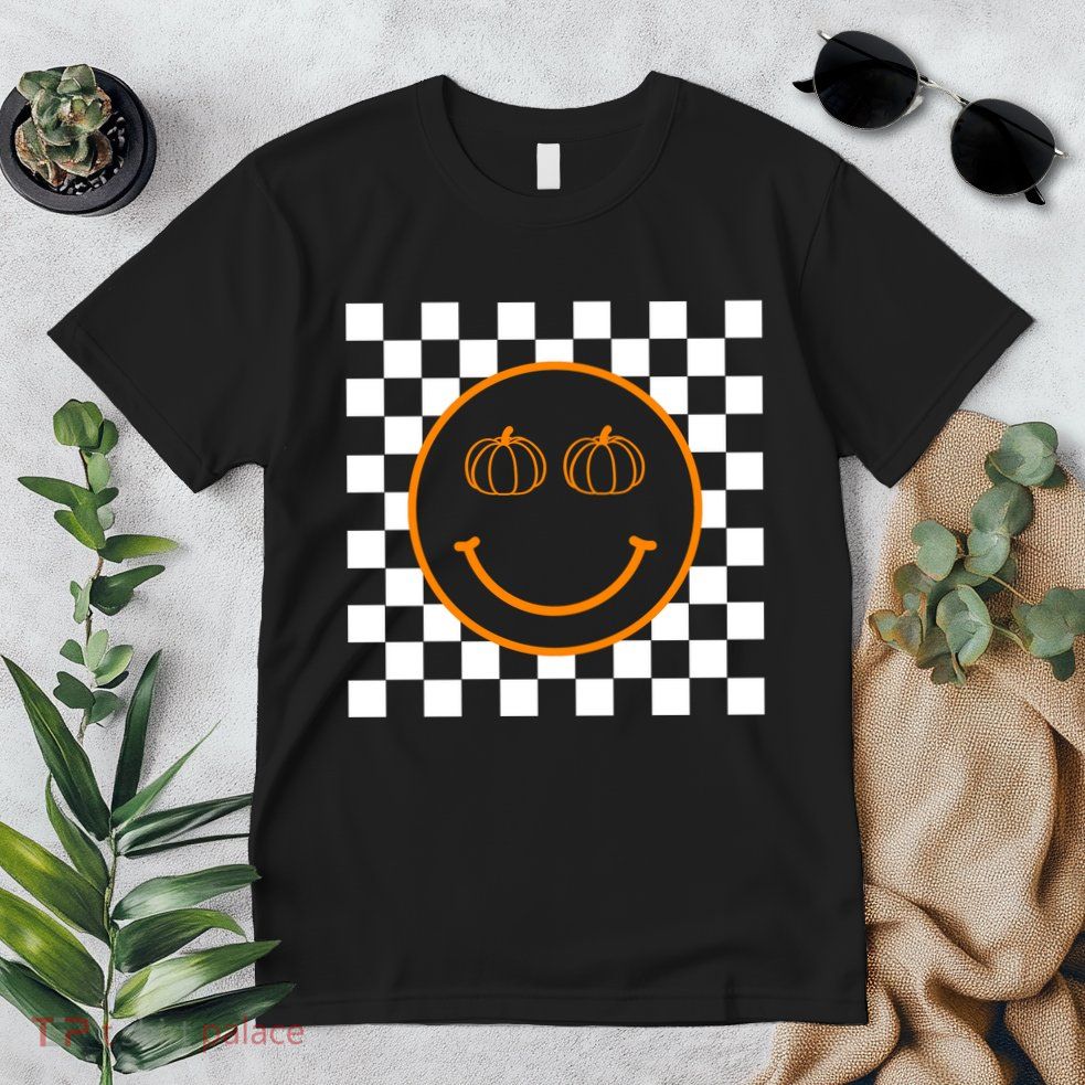 Pumpkin Smiley Retro Checkered Premium T-Shirt