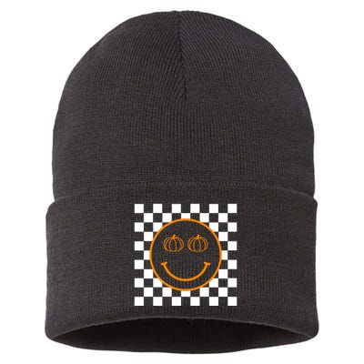 Pumpkin Smiley Retro Checkered Sustainable Knit Beanie