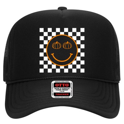 Pumpkin Smiley Retro Checkered Trucker Hat