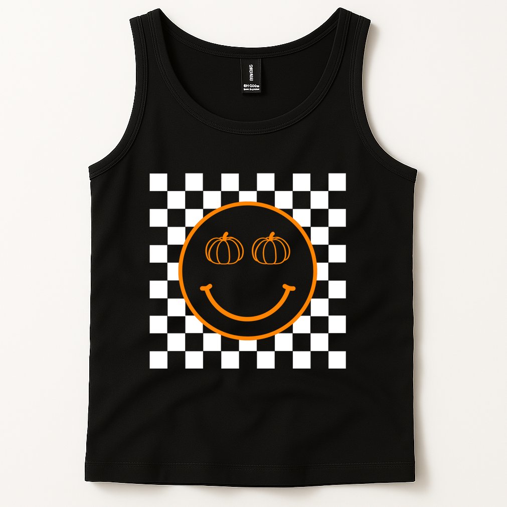 Pumpkin Smiley Retro Checkered Tank Top
