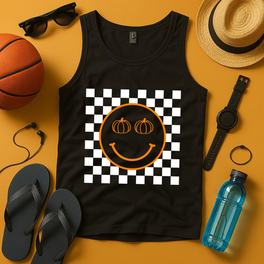 Pumpkin Smiley Retro Checkered Tank Top
