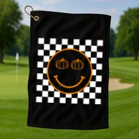 Pumpkin Smiley Retro Checkered Golf Towel