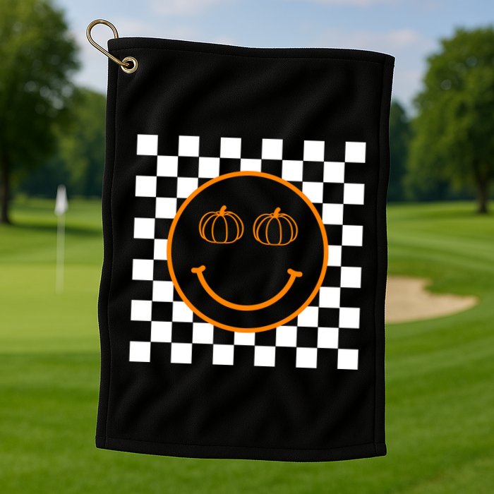Pumpkin Smiley Retro Checkered Golf Towel