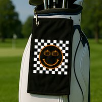 Pumpkin Smiley Retro Checkered Golf Towel