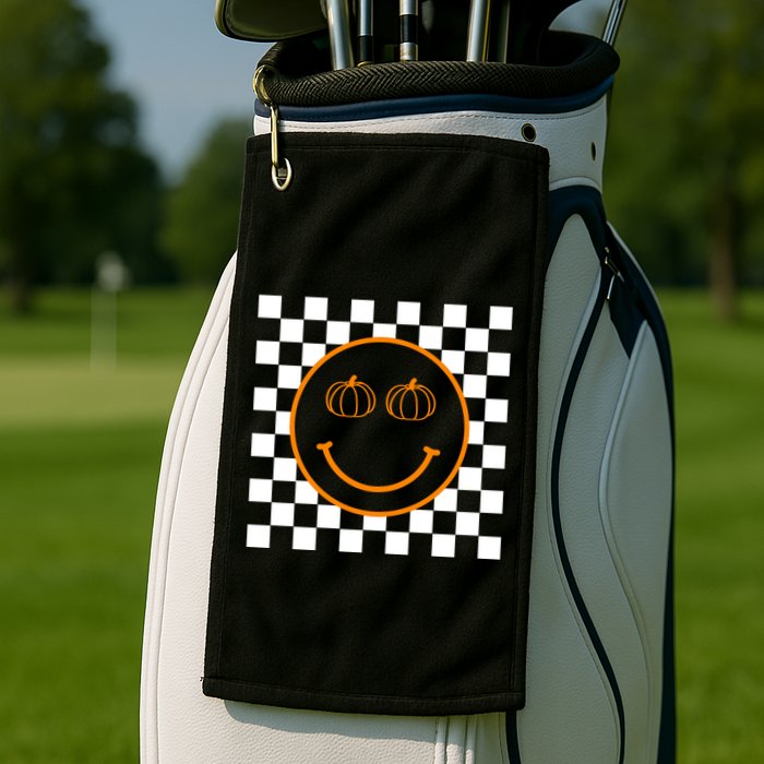 Pumpkin Smiley Retro Checkered Golf Towel