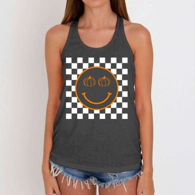 Pumpkin Smiley Retro Checkered Women's Knotted Racerback Tank