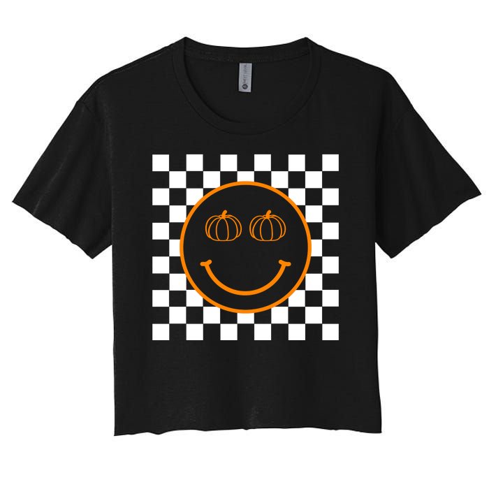 Pumpkin Smiley Retro Checkered Women's Crop Top Tee