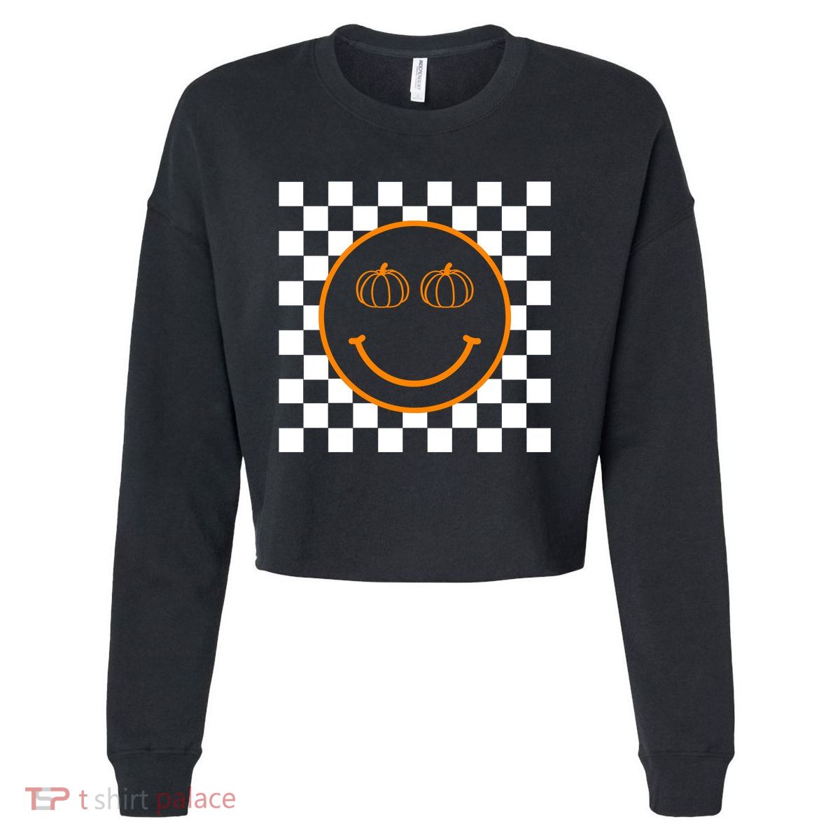 Pumpkin Smiley Retro Checkered Cropped Pullover Crew