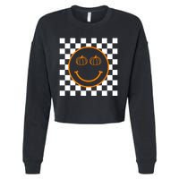 Pumpkin Smiley Retro Checkered Cropped Pullover Crew