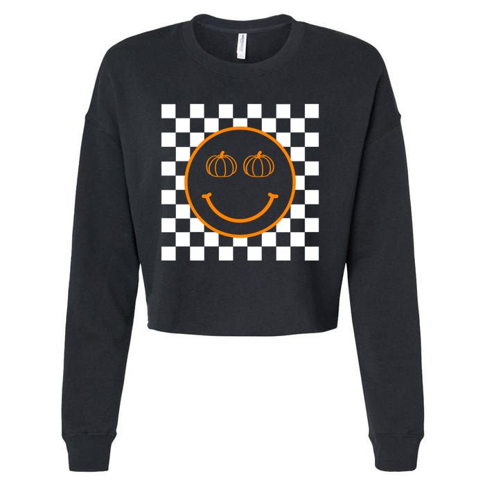 Pumpkin Smiley Retro Checkered Cropped Pullover Crew