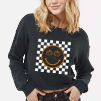 Pumpkin Smiley Retro Checkered Cropped Pullover Crew