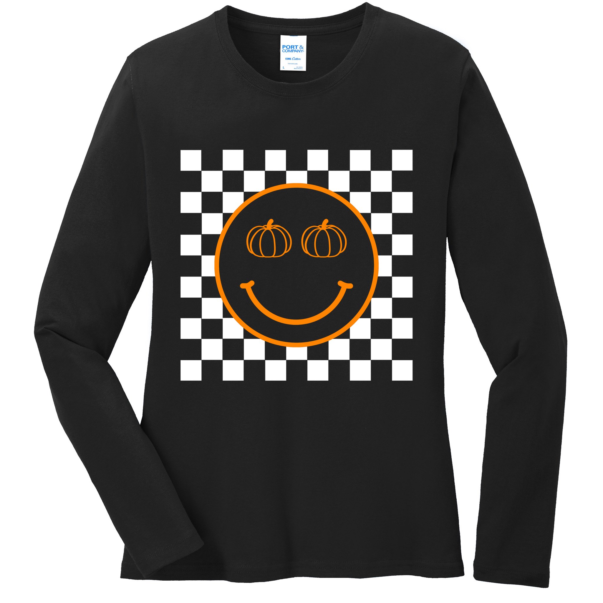 Pumpkin Smiley Retro Checkered Ladies Long Sleeve Shirt