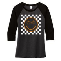 Pumpkin Smiley Retro Checkered Women's Tri-Blend 3/4-Sleeve Raglan Shirt