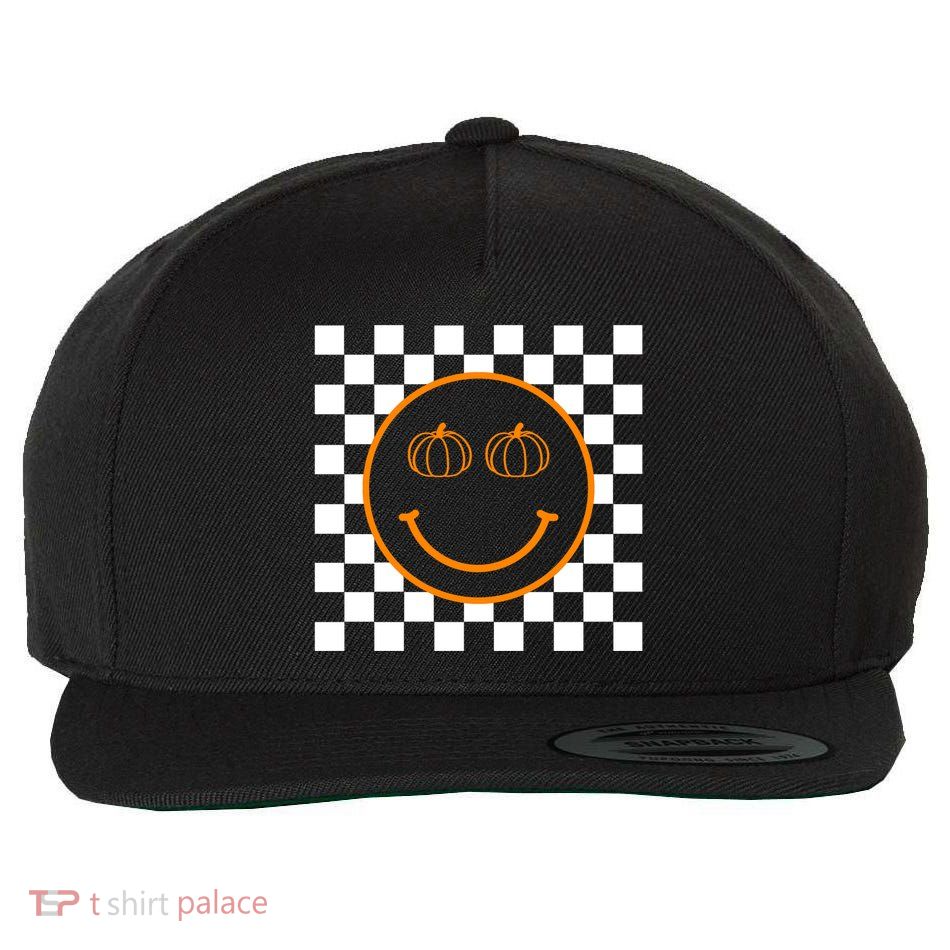 Pumpkin Smiley Retro Checkered Wool Snapback Cap