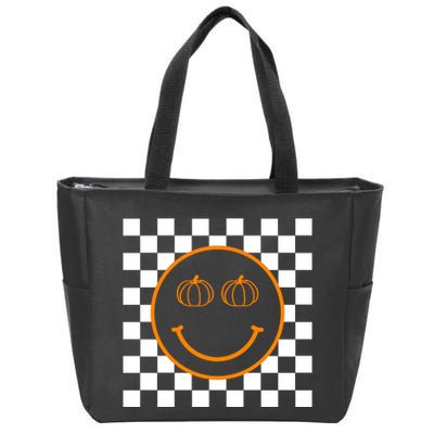 Pumpkin Smiley Retro Checkered Zip Tote Bag