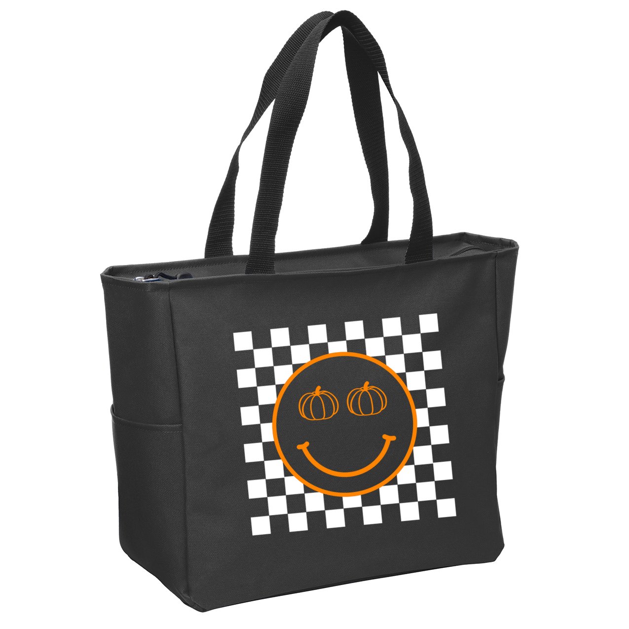 Pumpkin Smiley Retro Checkered Zip Tote Bag
