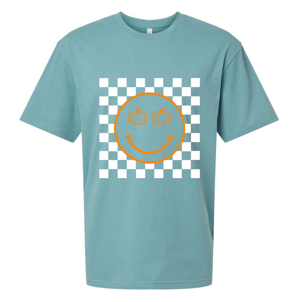Pumpkin Smiley Retro Checkered Sueded Cloud Jersey T-Shirt