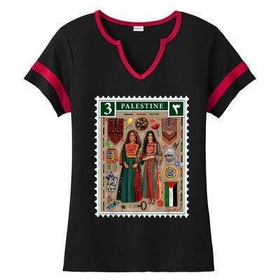 Palestine Stamp Retro Palestine Women Palestinian Flag Gaza Ladies Halftime Notch Neck Tee