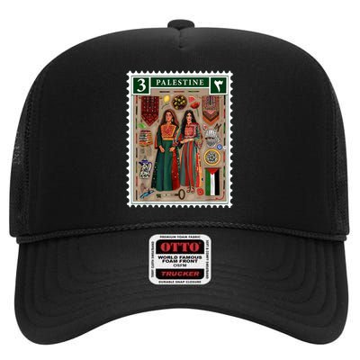 Palestine Stamp Retro Palestine Women Palestinian Flag Gaza High Crown Mesh Back Trucker Hat