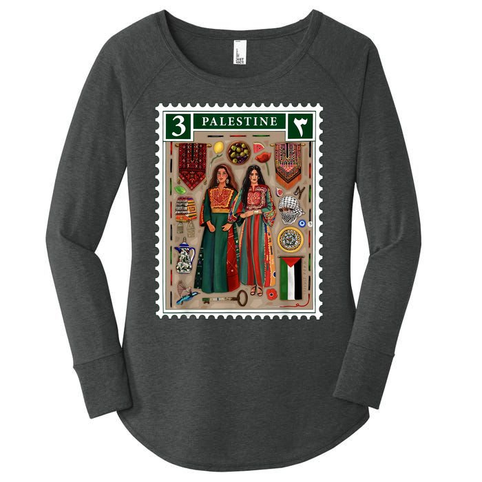 Palestine Stamp Retro Palestine Women Palestinian Flag Gaza Women's Perfect Tri Tunic Long Sleeve Shirt