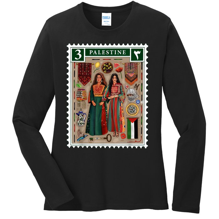 Palestine Stamp Retro Palestine Women Palestinian Flag Gaza Ladies Long Sleeve Shirt